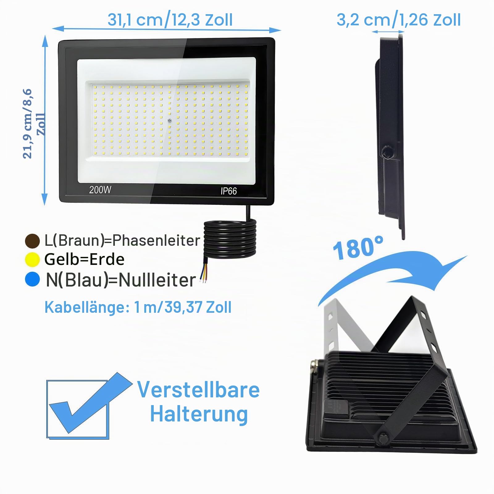 2 Stück LED Strahler Außen 200W, 1M Kabel 6500K Kühlweiß 20000LM LED Scheinwerfer, Strahler Außen IP66 Wasserdicht, für Gärten, Terrassen, Höfe, Balkone, Parks, Garagen, Fabriken, Quadrat
