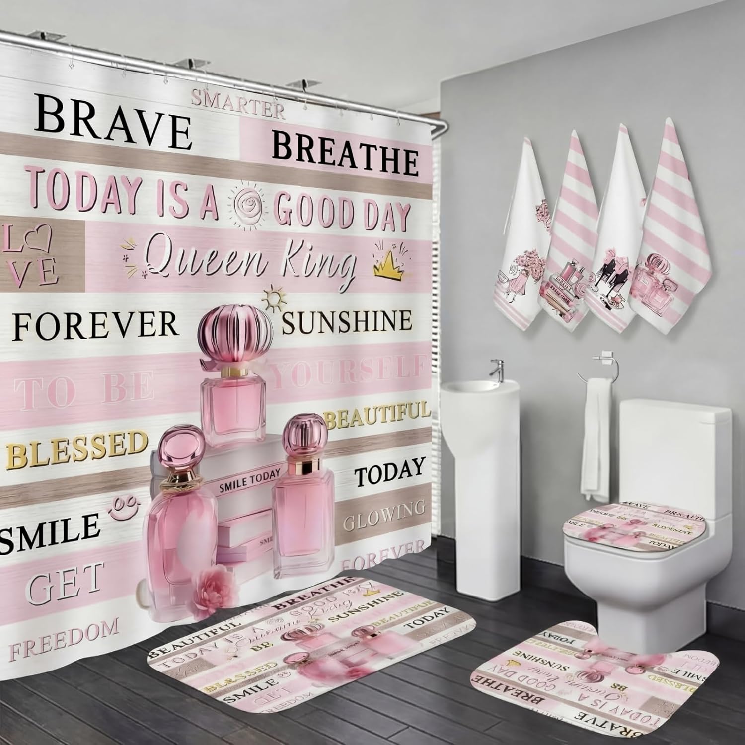 Tranqun 8 Pcs Pink Shower Curtain Set Pink Perfume Fashion Bathroom Decor with Shower Curtain Rugs 4 Wash Towels and Accessories Girly Perfume Bathroom Set with 12 Hooks for Decor Waterproof Non-Slip