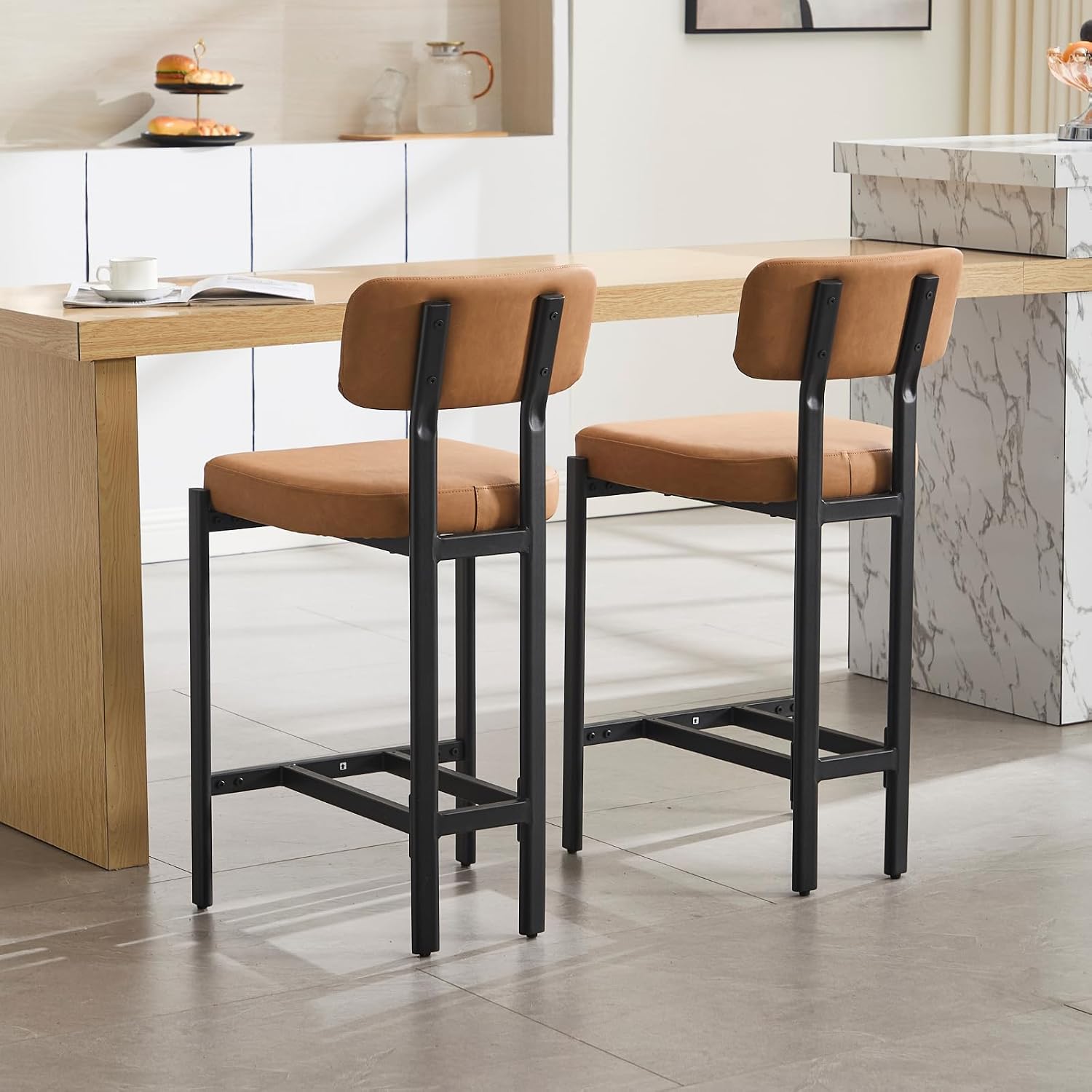 DUOMAY Modern PU Leather Counter Stools Set of 2, Upholstered 26" Seat Height Low Barstools with Black Metal Legs Open Back Dining Stools with Footrest for Home Pub Kitchen, Brown