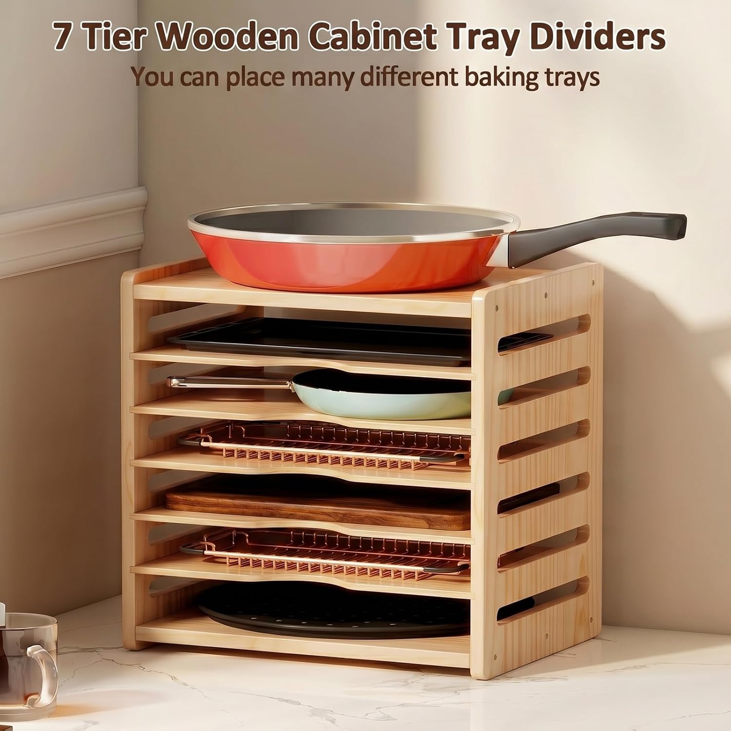 7 Tier Wooden Tray Dividers for Cabinets, Kitchen Vertical Cookie Sheet Organizer, Baking Trays Storage Rack for Baking Pans, Cutting Board