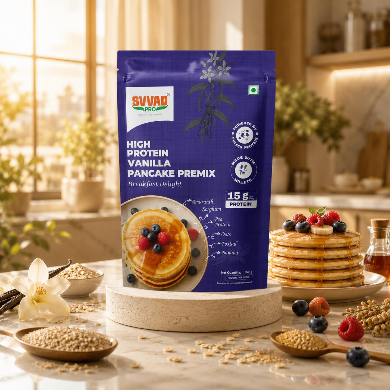 SVVAD PRO High Protein Vanilla Pancake Premix, 15g Protein per Serve, with Millets, Amaranth, Sorghum, Pea Protein, 250g-picture-24