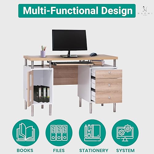 Miniatura 26 de Naomi Home Armario de archivos de 3 cajones, escritorio para computadora de oficina con bandeja para teclado, escritorio de madera de dos tonos con