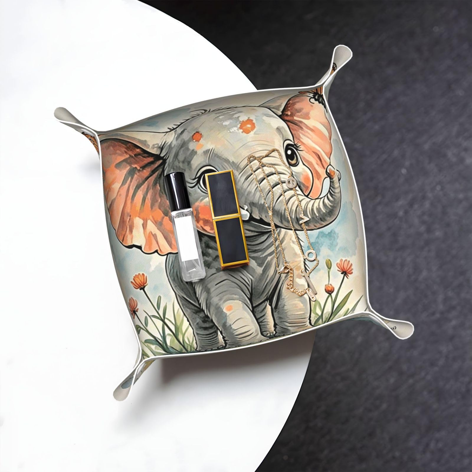 Elephants Valet Tray Organizer Pu Leather Travel Catchall Tray Organizer Portable Jewelry Tray Storage Keys Tray for Entryway Table Coins Watches Candy