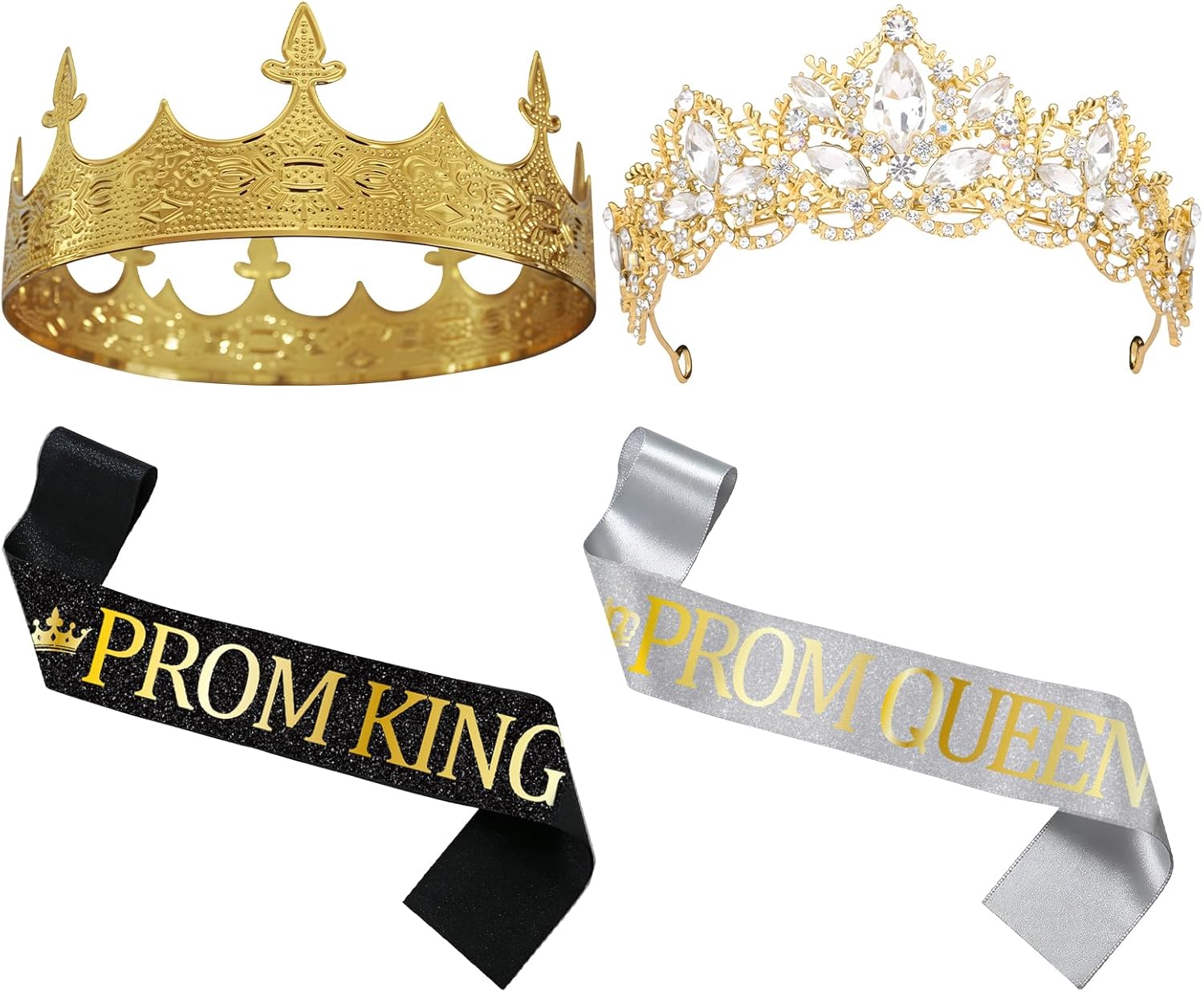 Prom King and Queen Crown Set - 4 Pcs Gold Crown Reinstone Tiara with Satin Sashes for Graduation Prom Accessories