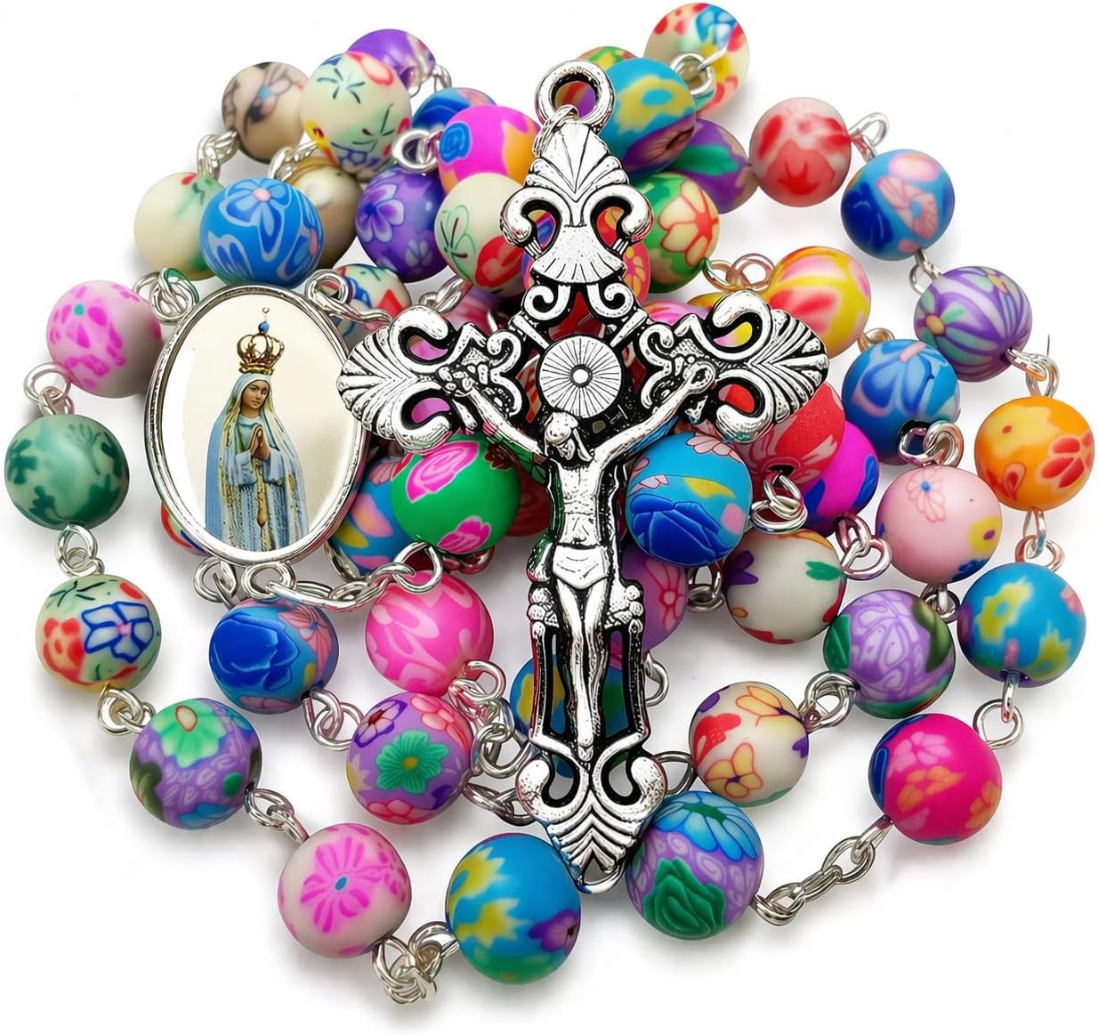CATHOLIC ROSARY NECKLACE Colorful Polymer Beads Our Lady of Fatima Jesus Cross Holy Land Gift Rosary Pouch