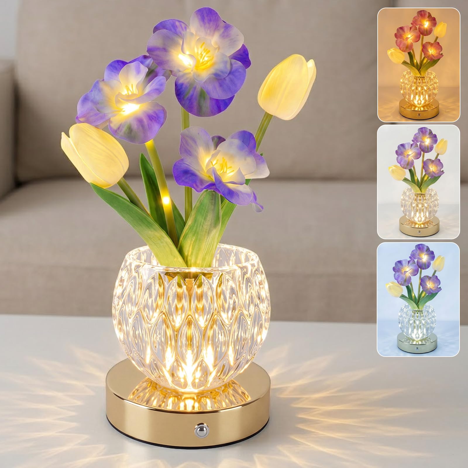 Plmmperation Flower Table Lamp, 3-Color Touch Dimming Tulip Glass Night Light, Rechargeable Artificial Flower Light, Desktop Ambient Light Romantic Gifts for Girls Women Mom (Blue - Sakura)