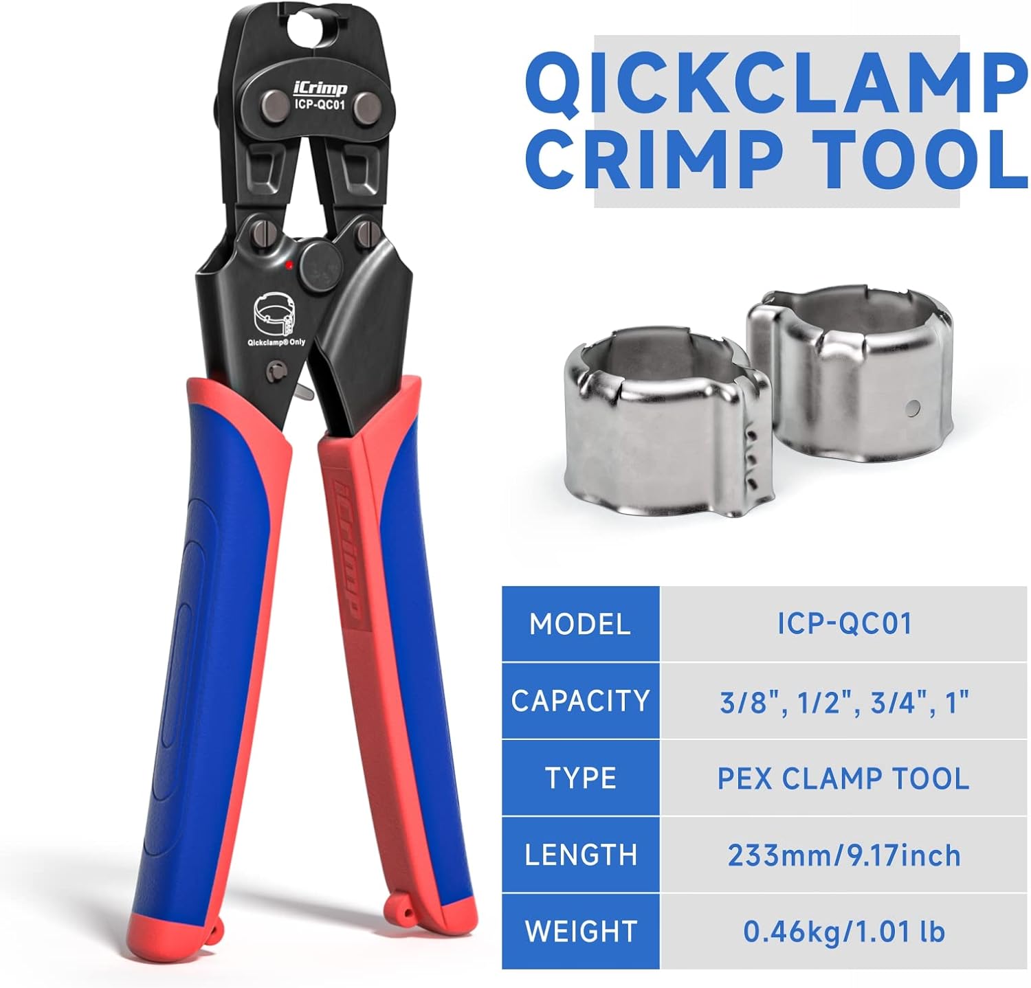 iCrimp ICP-QC01 Qickclamp Crimp Tool with specifications table