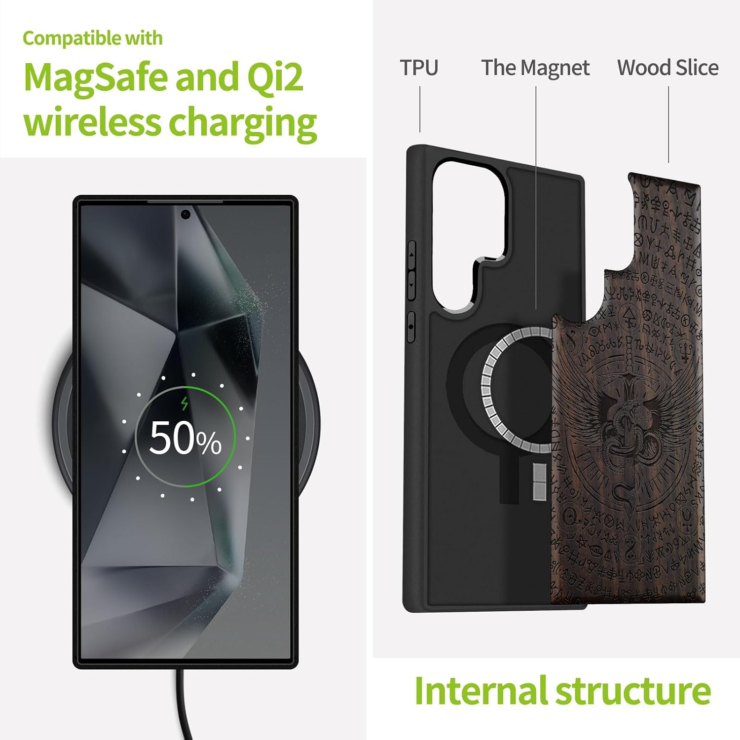 Carveit Magnetic Wooden Case for Samsung Galaxy S25 Ultra Case 2025, TPU Shockproof Cover & Wood Artisan Engraved, Compatible with MagSafe Wireless Chargers (Winged Serpent Blade) Blackwood