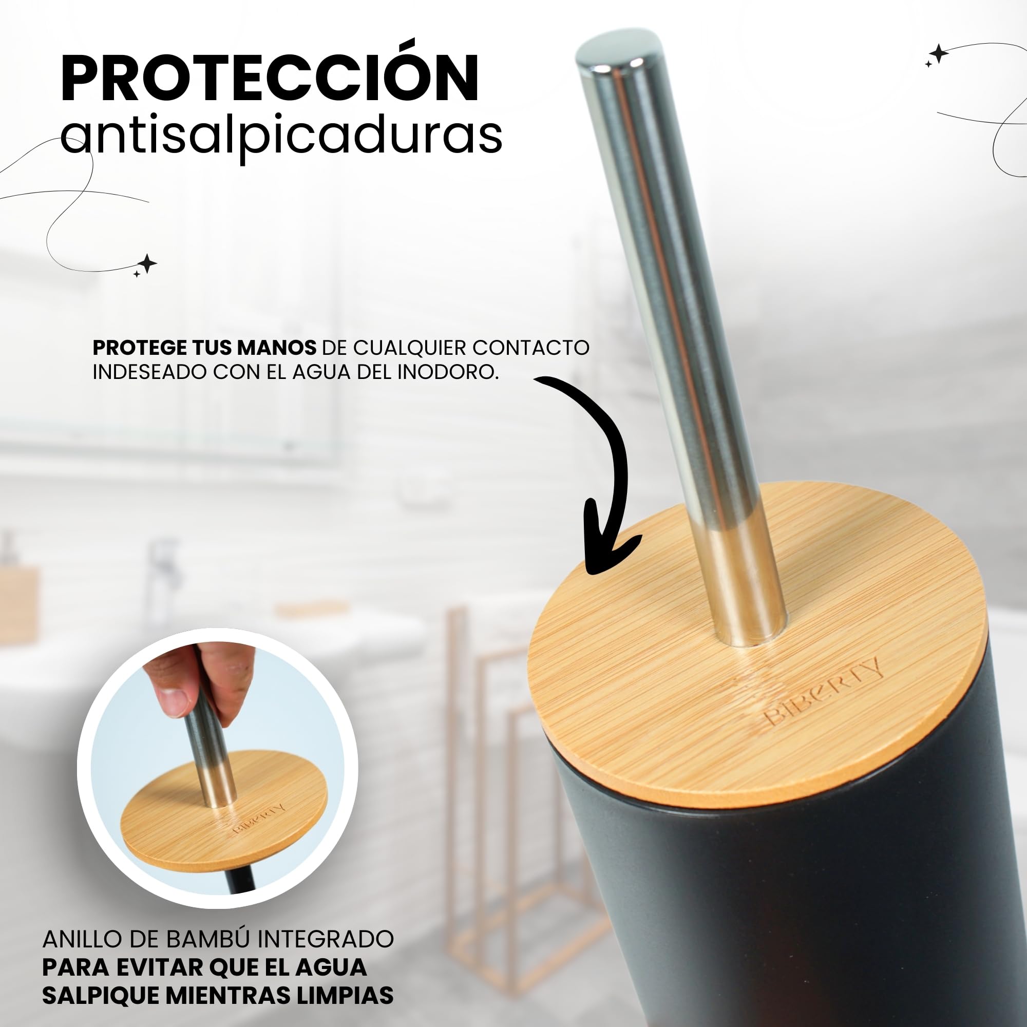 Juego Accesorios baño Negro y bambú, Incluye dispensador jabón, escobilla de baño y Porta Cepillo de Dientes - Kit Completo de 3 Piezas sin Taladro