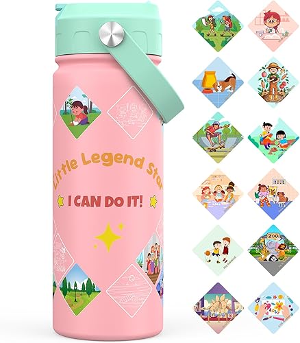Miniatura 9 de Botella de agua para niños con calcomanías, taza de doble aislamiento al vacío de 18 onzas con popote, botellas de acero inoxidable 316 para la Azul