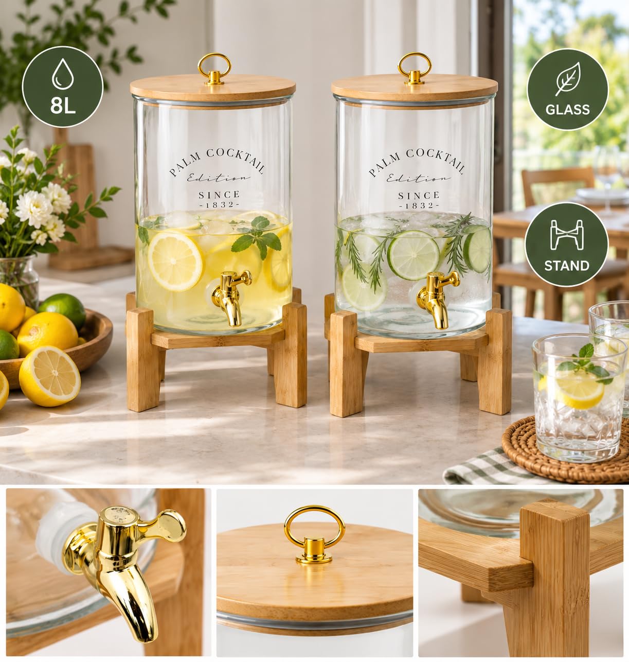 Getränkespender 8 Liter aus Glas mit Zapfhahn und Deckel auf Ständer 2er Set