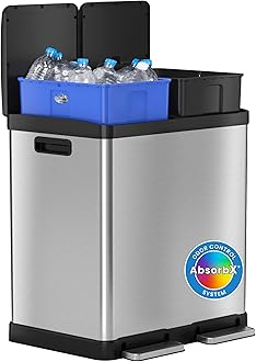 iTouchless 16 Gallon Dual Step Trash Can and Recycle Bin with Lid, Stainless Steel Kitchen Garbage 2 Compartment Sorting, Odor Control Filter, AirNova Silent Close, Fingerprint-Proof, Matte Silver