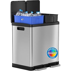 iTouchless 16 Gallon Dual Trash Can & Recycling Bin, Soft-Close Lid, Odor Filters, Stainless Steel with 2 Separated 8 Gallon/30 Liter Bins, Space-Saving Design Hands-Free Foot Pedals for Home & Office