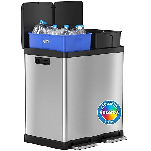 iTouchless SoftStep - Cubo de basura y contenedor de reciclaje de 16 galones con filtros de olor dobles y hebillas extraíbles codificadas por