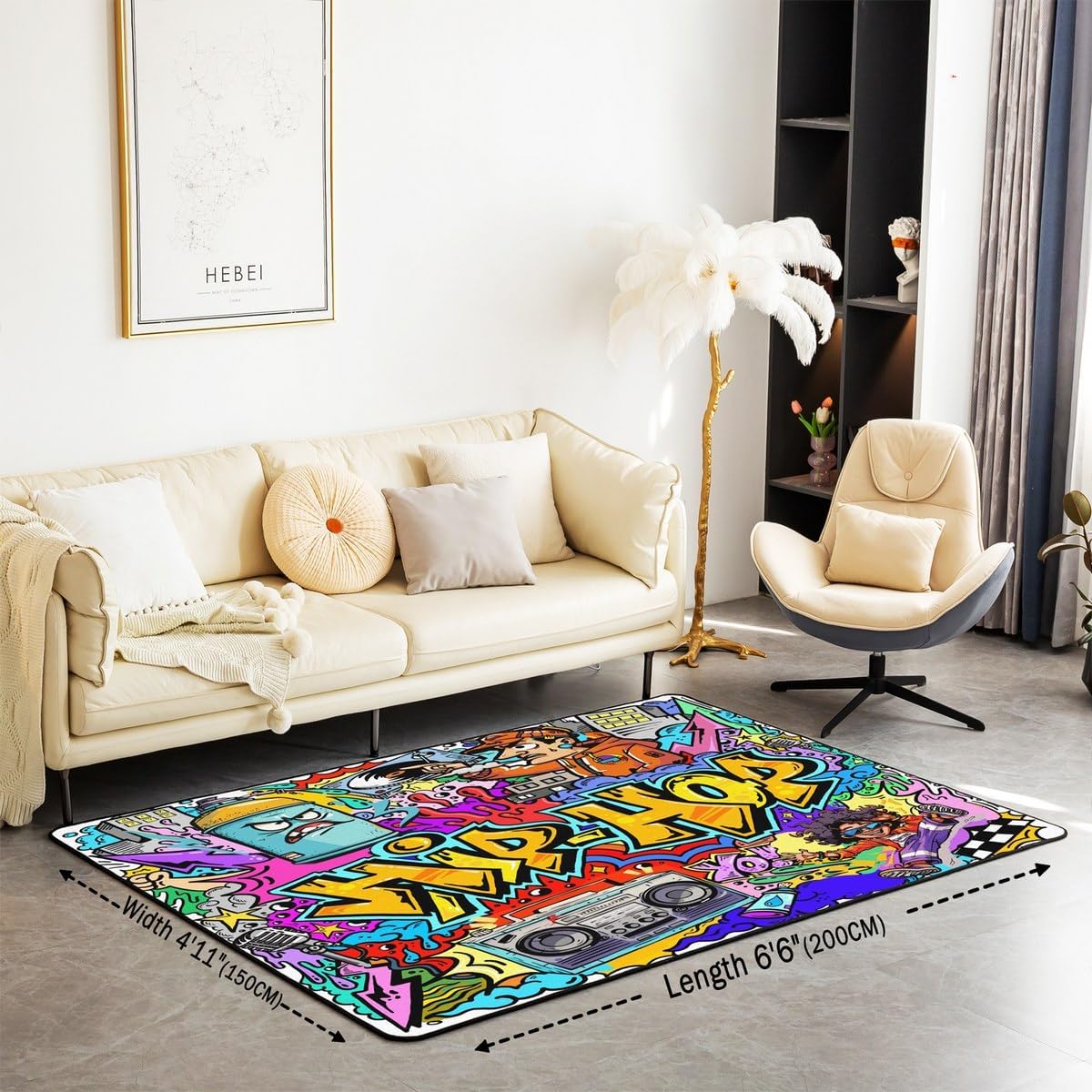 jejeloiu Hip Hop Decor Area Rug 5x7 Inch Hippie Graffiti Style Rugs for Bedroom Living Room Graffiti Graphic Street Culture Grunge Art Decorative Rug