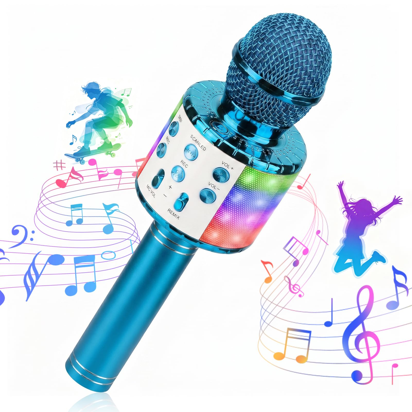 Microfono Karaoke Bluetooth Wireless 4 in 1 per Bambini, LED Portatile per Home KTV Compatibile Android iOS PC Blu