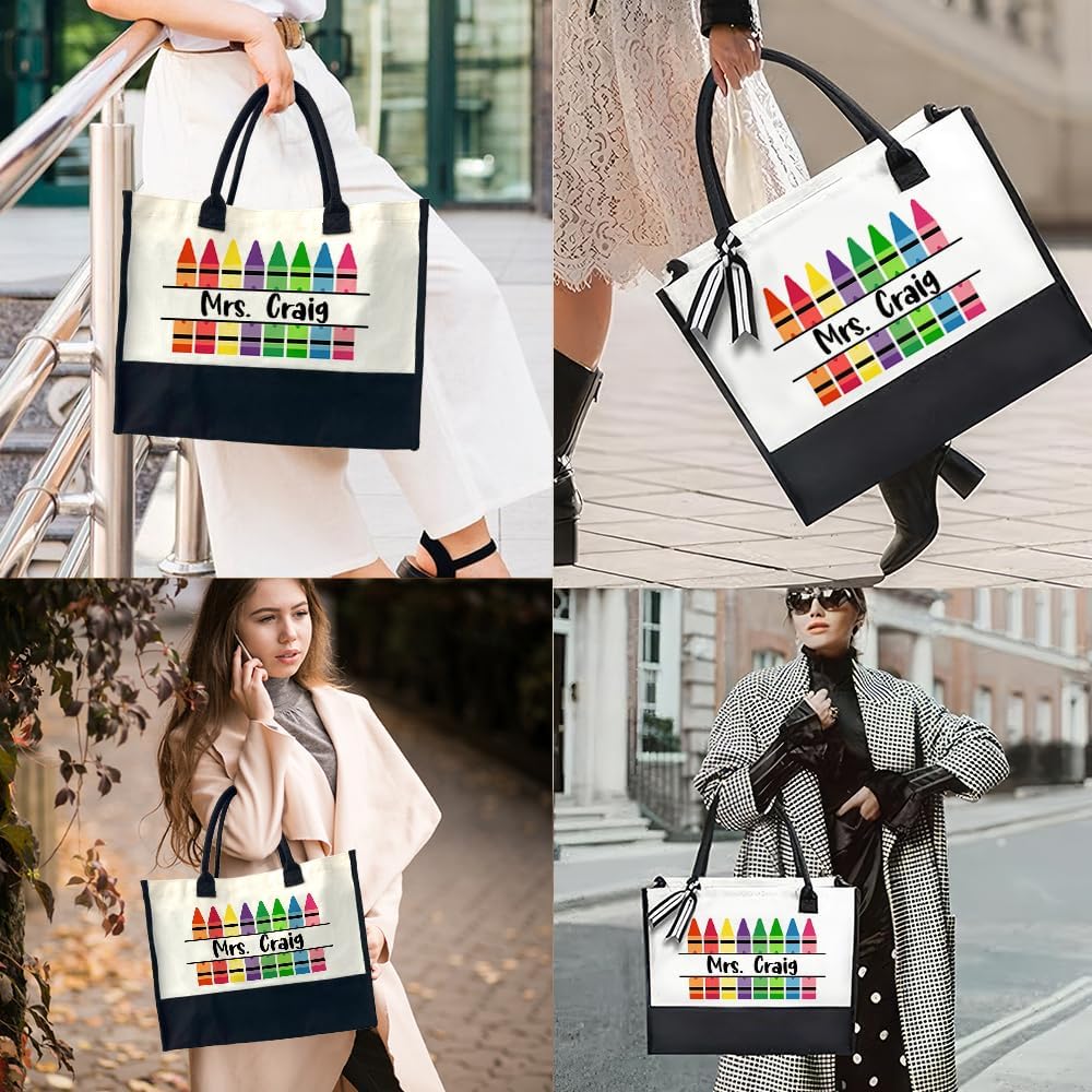 Personalized Teacher Canvas Tote Bag – Custom Name Handle Bag, Back to School Appreciation Gift Set for Women