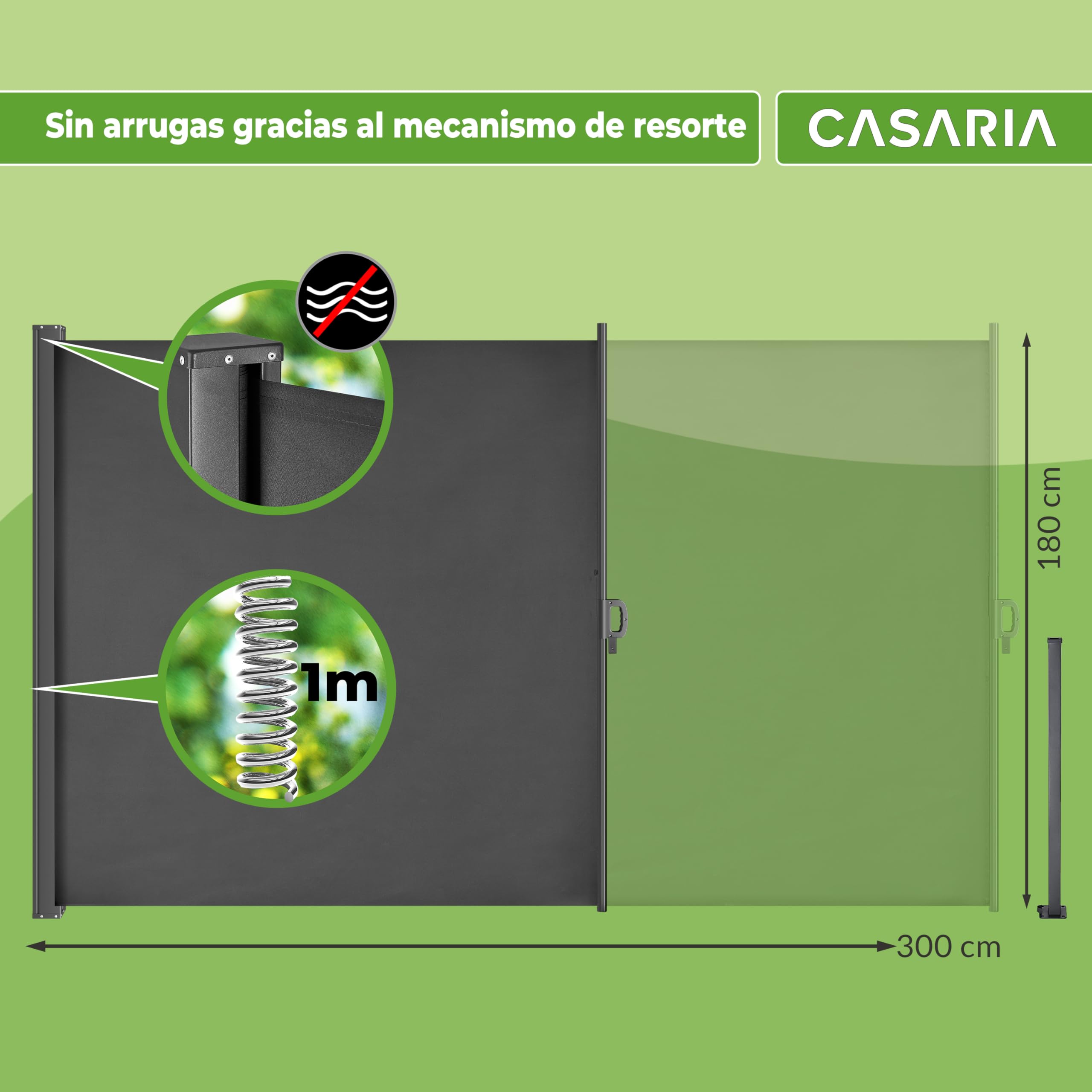CASARIA Toldo Lateral Retráctil 180x300cm Pantalla Privacidad UV30+ | Poliéster 180g/m², Revestimiento PU, Repelente Agua, Resistente Viento, Función Bloqueo, Soporte Ajustable, Opaco, Exterior