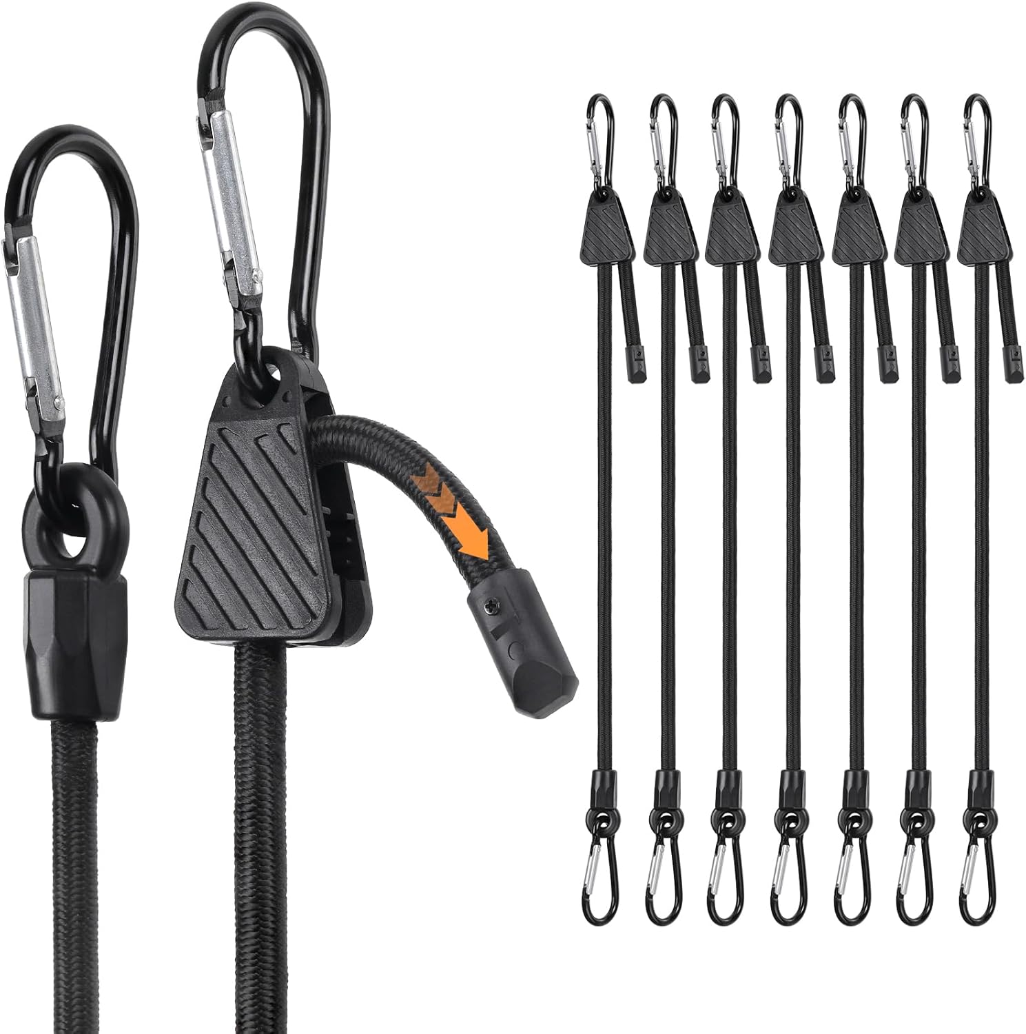 8 PCS Adjustable Carabiner Bungee Cords With Hooks, Bungee Straps Can Adjust from 7" to 48" Easily, Elastic Straps with Clips for Cargo, Camping, Bike, Motorcycle, Truck, Tarp, Luggage, etc