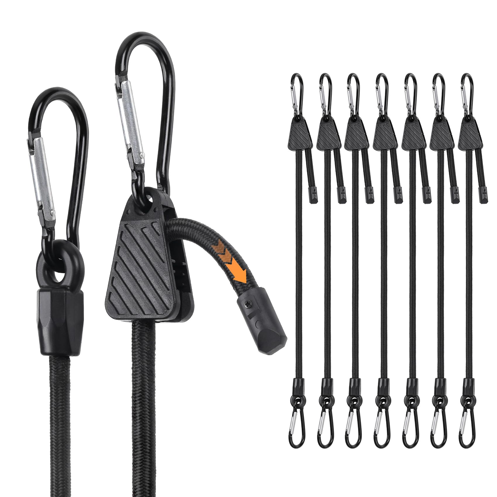 Masterwise 8 PCS Adjustable Carabiner Bungee Cords With Hooks, Bungee Straps Can Adjust from 7" to 48" Easily, Elastic Straps with Clips for Cargo, Camping, Bike, Motorcycle, Truck, Tarp, Luggage, etc