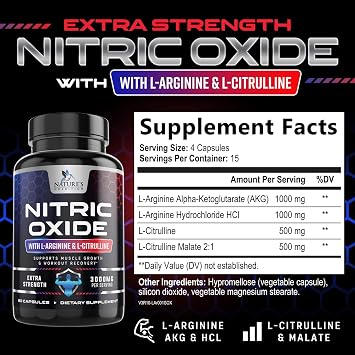 Nitric Oxide Booster Extra Strength - 3X Strength L-Arginine & Citrulline Supplement - Best Nitric Oxide Supplements for Men - Supports Muscle, Heart Health, Energy - Bottled in USA - 60 Capsules