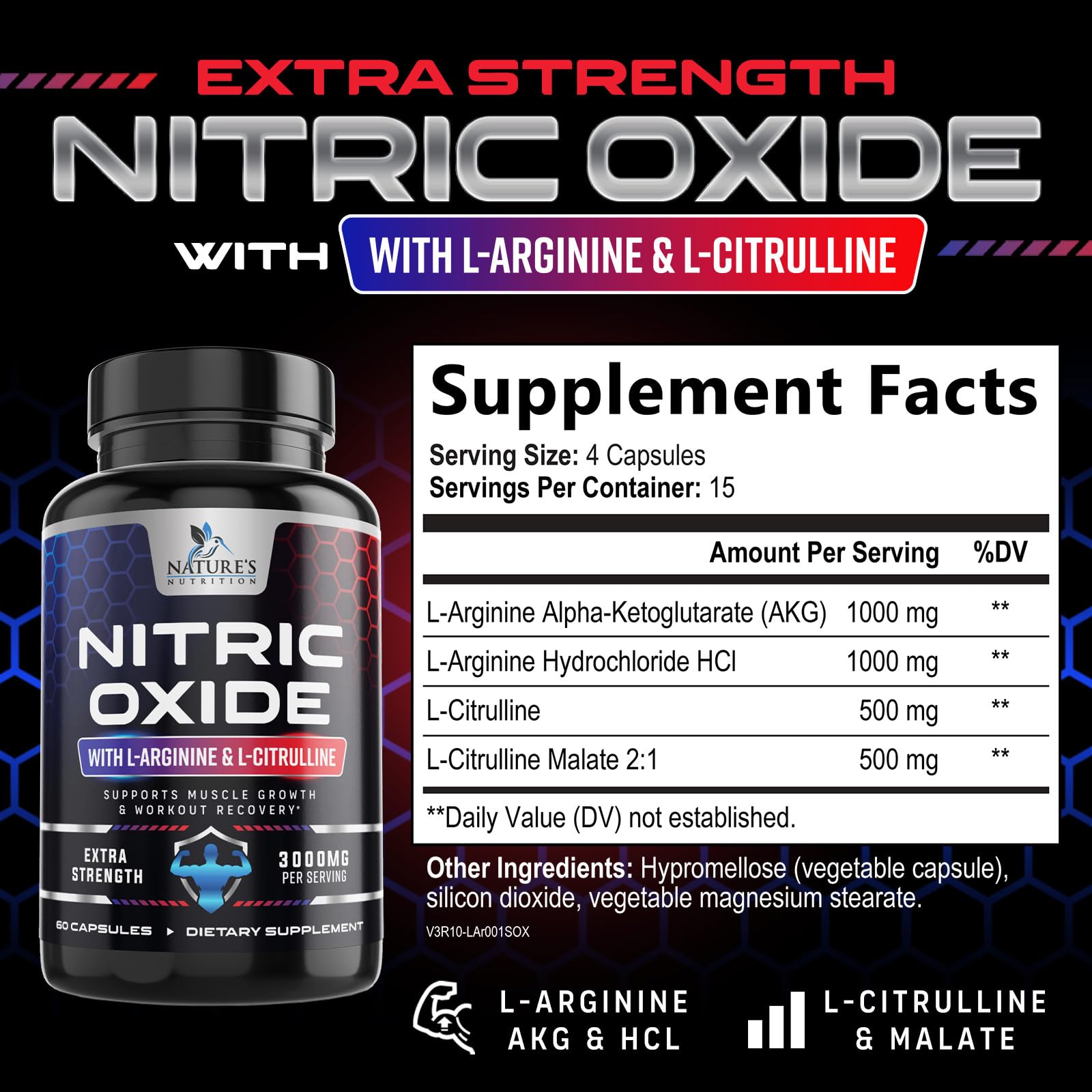 Nitric Oxide Supplement 3000mg Blend - 3X Strength L-Arginine & L-Citrulline - Complete Pre Workout Nitric Booster - Natural Energy & Muscle Support for Men & Women - Bottled in USA - 60 Capsules — Amazon image 2