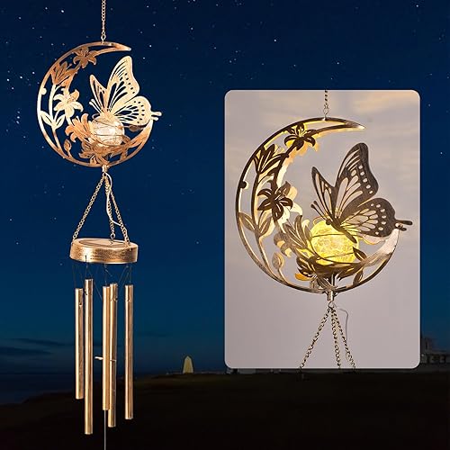Vista 2 de Campana de viento de mariposa de luna para exteriores, campanillas de viento de metal hechas a mano con dijes de mariposa, campanas de viento