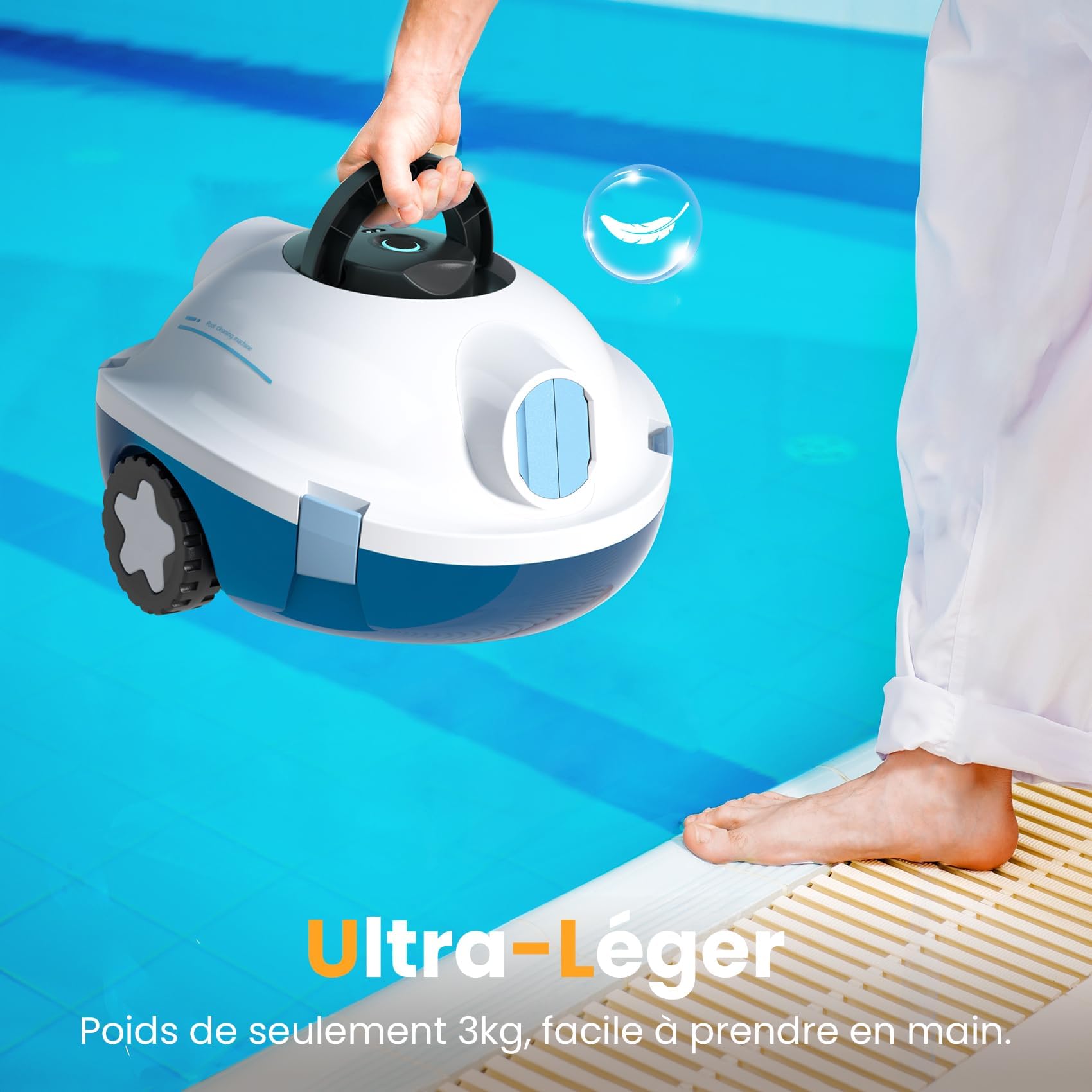 MEDOXA Robot Nettoyeur de Piscine sans Fil, aspirateur de Piscine Automatique, 120 Minutes d'autonomie, Auto-stationnement, Robot Piscine pour Fonds Plats Hors-Sol ou enterrés jusqu'à 100 m²（Blanc）