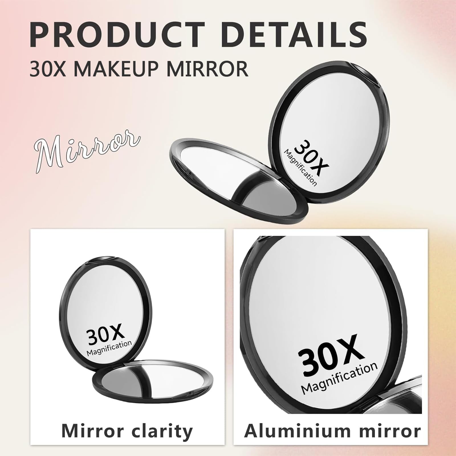 Espejo de Bolsillo Compacto con Aumento 1X/30X, Ideal para Viajar, Espejo de Maquillaje (Negro)