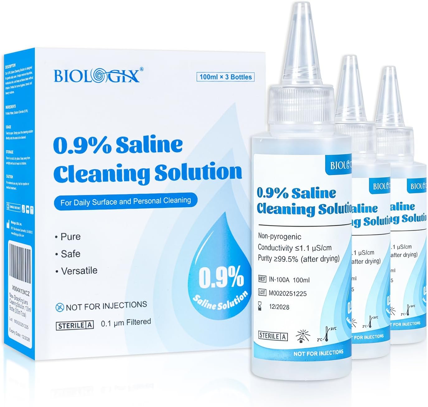 0.9% Normal Saline Solution, Sterile Sodium Chloride for Cleaning, Ready-to-Use Saline Water for Daily Care, 100ml Each (3 Vials), 300ml /10.56 FL OZ