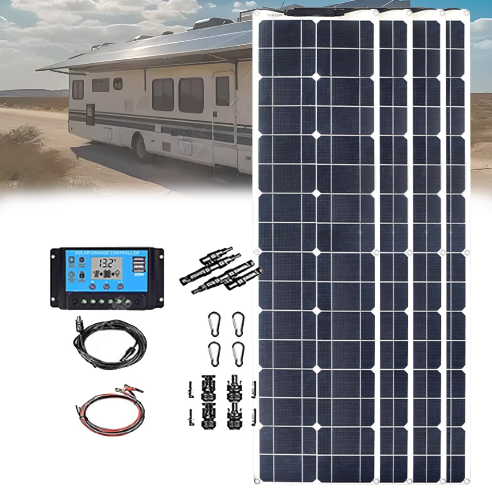 Pannello Solare, Kit Pannello Solare monocristallino Flessibile, Pannello Solare Flessibile da 200 W + regolatore di Carica PWM da 40 A, per Famiglia, Camper, roulotte, Barca. 4×200w