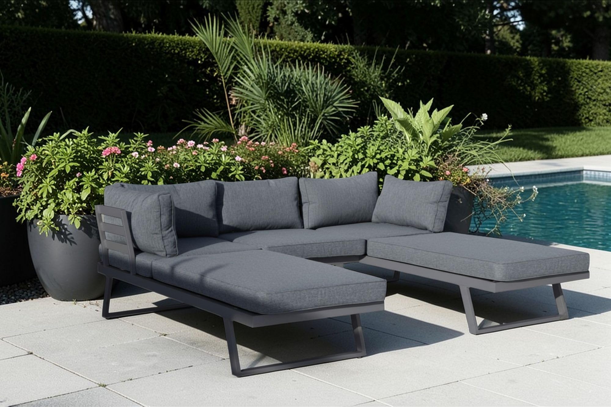 ALEOS. Gartenlounge Lounge aus Aluminium Multifunktionslounge Loungeecke Lounge Set Loungegarnitur Sitzgruppe Doppelliege Sofagarnitur Cancun grau anthrazit mit bequemen Kissen