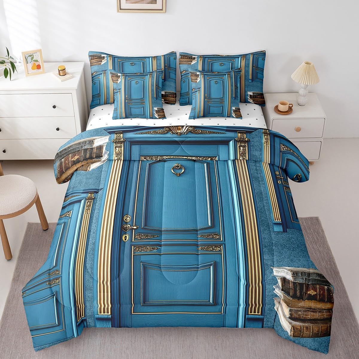 Feelyou Door Print Comforter Set with Sheets Full Size Kids Retro Court Style 7 Pieces Bedding Set for Boys Girls Teens Doorways Wall Aesthetic Bed in a Bag Breathable Vintage Bed Set Room Decor