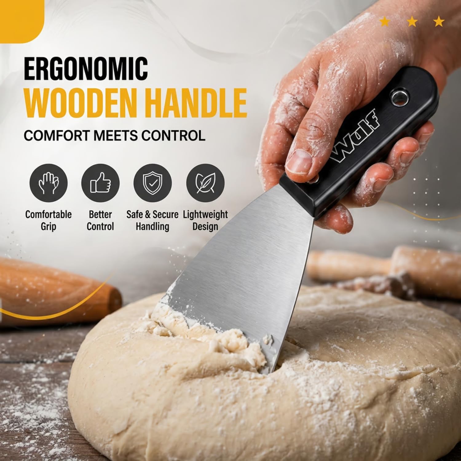 Wulf 3 Inch Heavy Duty Stainless Steel Scraper with Wooden Handle | Premium Plain Scrapper for Mixing, Cutting, Baking, Chocolate, Dough, Art & Construction Use | Professional Kitchen Tool 1