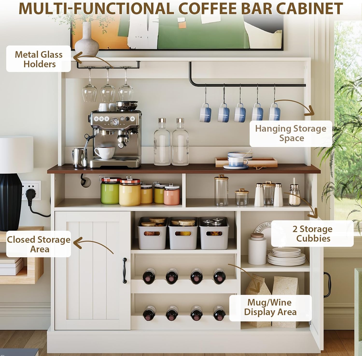 47" Farmhouse Coffee Bar Cabinet with Storage, Buffet Cabinet with Goblet Holder, 5Hooks, Power Outlets, Sideboard Cabinet Coffee Bar Table with Adjustable Shelves for Kitchen & Living Room, White