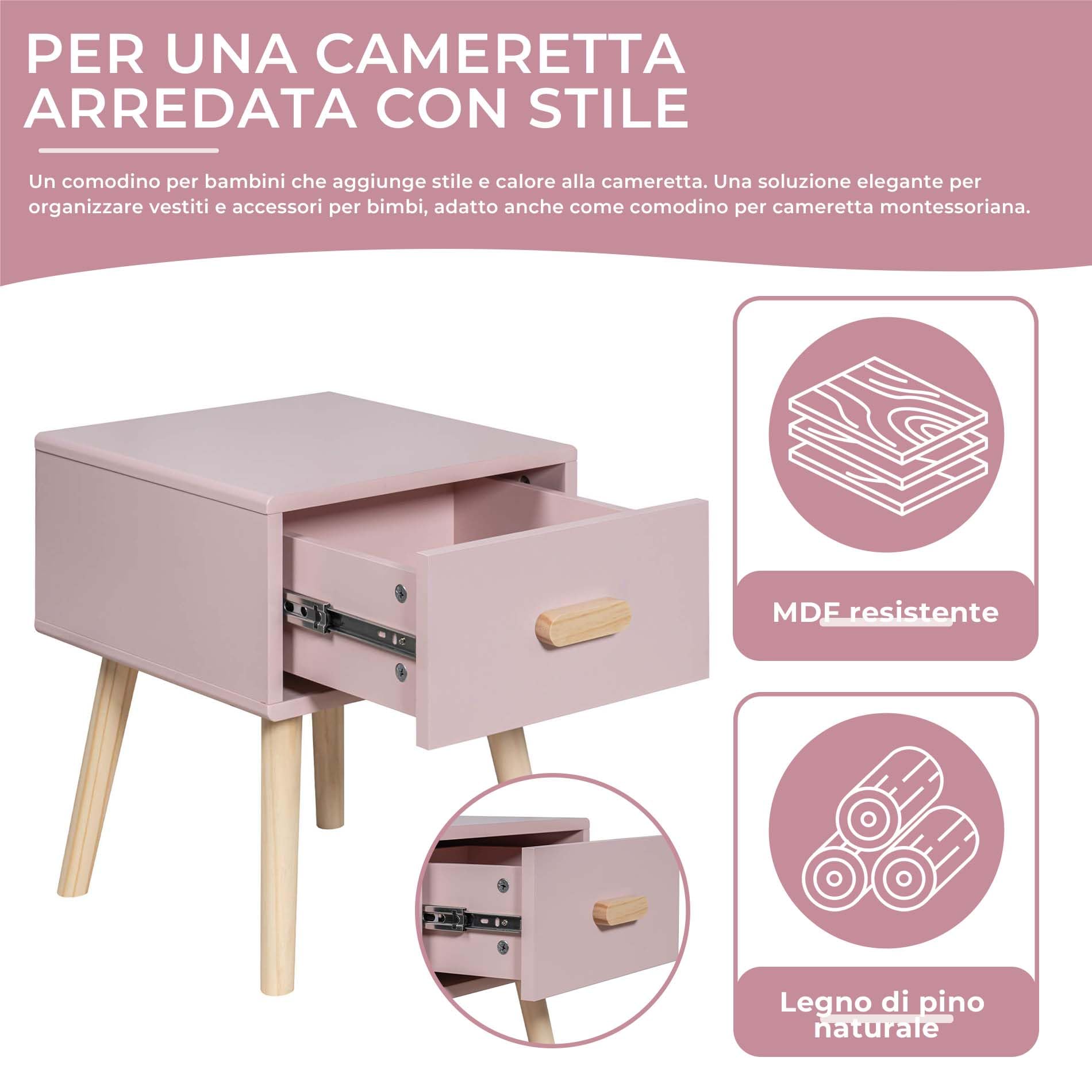 Rebecca Mobili Comodino per Bambini, Mobile per Cameretta, Rosa Marrone, MDF Pino, con 1 Cassetto con Guide, Salvaspazio - Misure HxLxP: 44 x 35 x 35 cm - Art. RE6977
