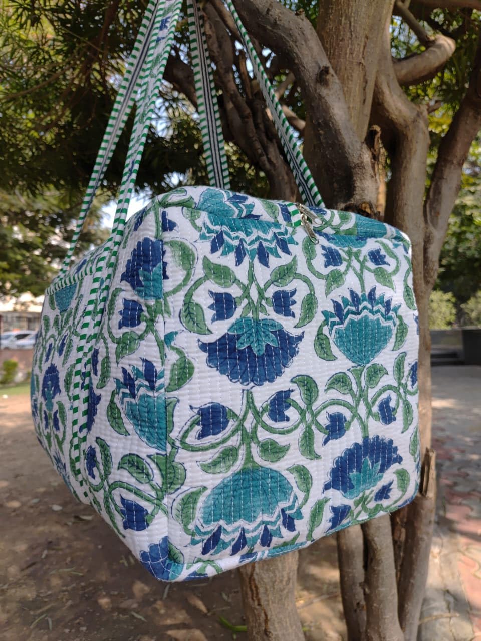 Indian Block Print Duffel Bag Beautiful Cotton Quilted Luggage Bag Large Size Handmade Floral Print Travel Weekender Bag Decorative Overnight Bags