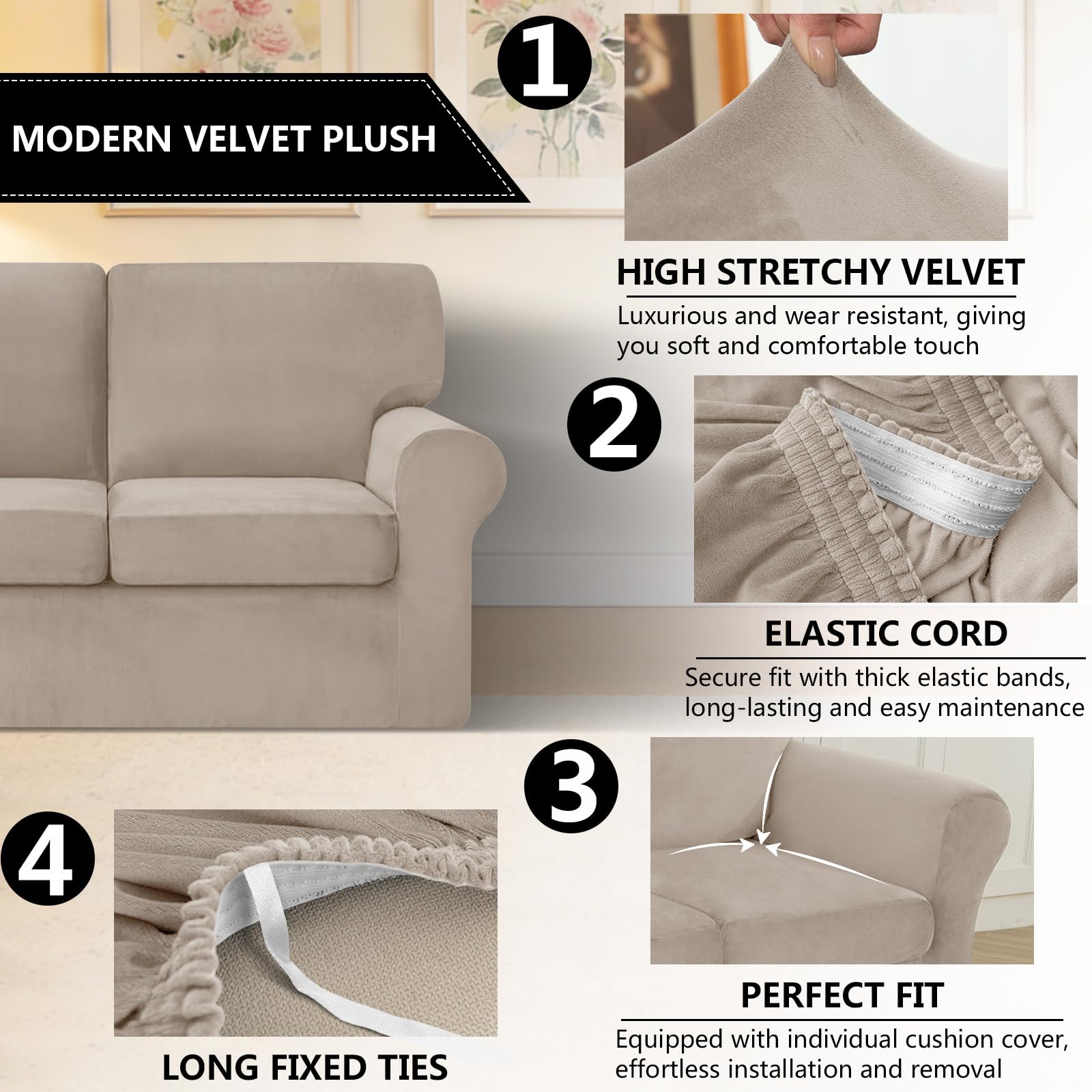 Funda Sofa 2 Plazas, Ektorp Fundas De Sofa Ajustables con Cojin Separado Y Asiento Terciopelo Capa Sofa Elasticas Forros para Biplaza Sofas Anti Gatos (Khaki, Large 2 Seater 5 PCS)