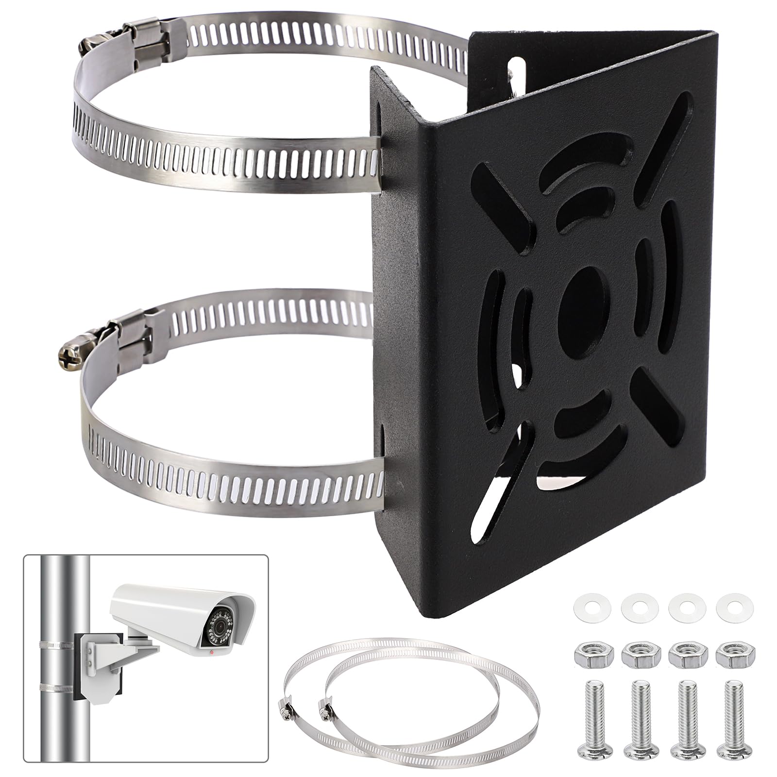 1 Pack Black Universal Vertical Pole Mount Bracket for CCTV Cameras with 4 Loops - Square Metal Mounting Bracket for Security Camera Ptz Dome, Outdoor/Indoor Wall Mounted Camera Bracket