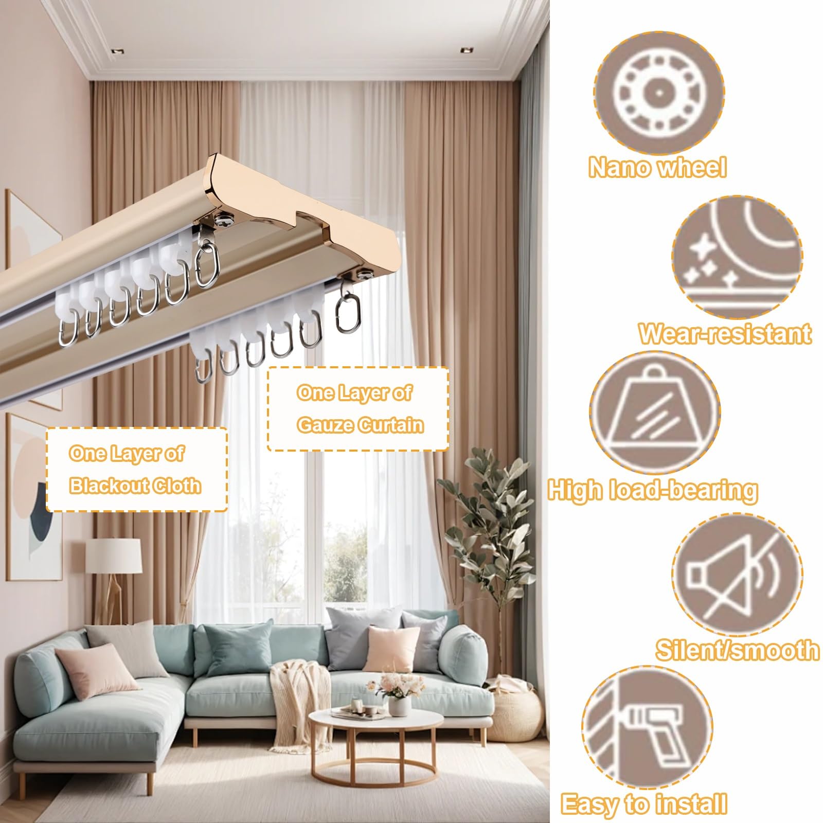 Doppelläufige Gardinenstange, 2,6 m (Roségold) – Deckenhalterung für Schiebevorhänge, Raumteiler, Ankleidezimmer und Badezimmer – vielseitige Wohnkultur-Lösung, stilvoll und