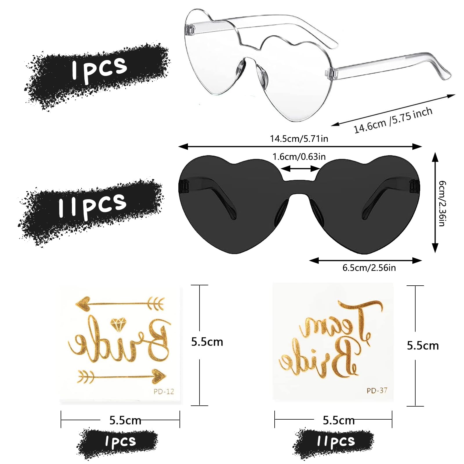 HIQE-FL Herz Sonnenbrille,12 Stück Herz Sonnenbrille Damen,Hippie Herzförmige Brille,Hippie Gläser,mit Tattoo Aufkleber,Randlose Herz Brille,für Geburtstagsfeiern - Image 2