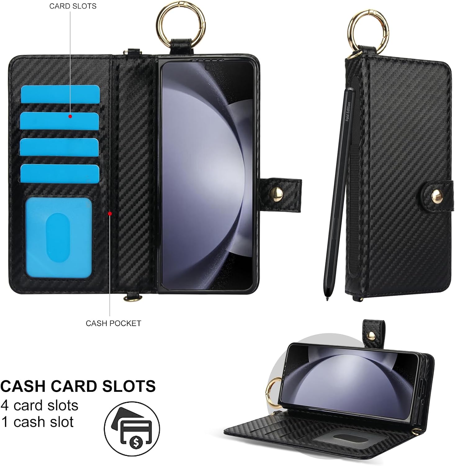 Asuwish Phone Case for Samsung Galaxy Z Fold 5 5G 2023 Wallet Cover with S Pen SPen Slot Credit Card Holder Stand RFID Blocking Slim Wrist Strap Cell ZFold5 Z5 G Fold5 5Z Women Men Carbon Fiber Black