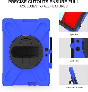 高耐久 耐衝撃 タブレットケース Microsoft Surface Pro Xケース 13インチ対応 3イン1 飛散防止シェル 頑丈な保護カバー ショルダーストラップ付き 回転スタンドブルー