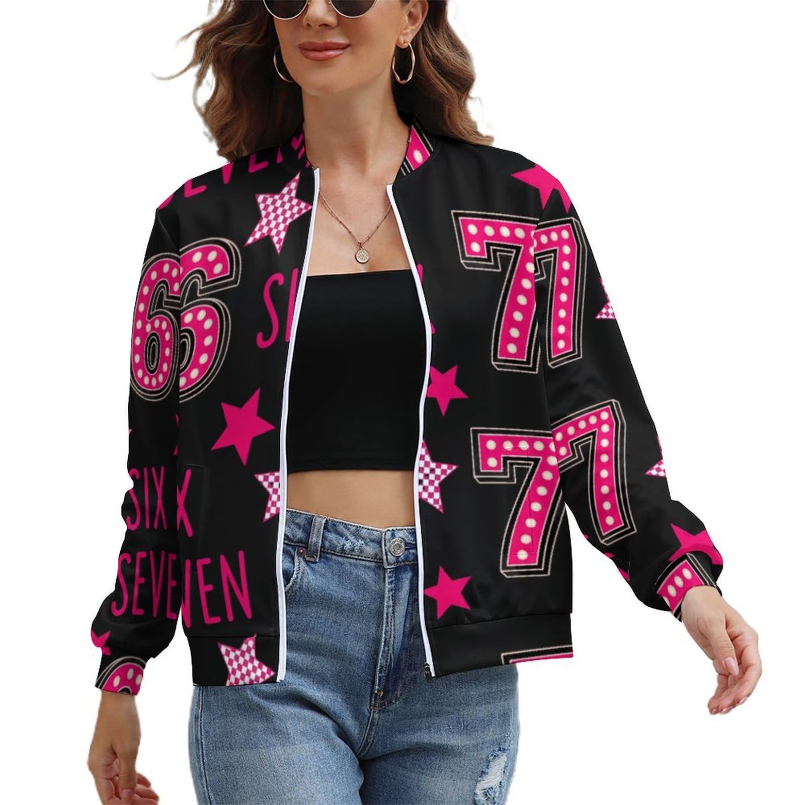 67 Six Seven Womens Graphic Varsity Jacket Button Down Baseball Long Sleeve Bomber Jacket