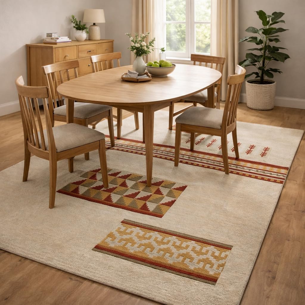 Handmade Hand-Tufted Wool Area Rug, Modern Geometric Motifs Ethnic Patchwork Multicolor Carpet for Living Room Bedroom Dining 7x10, 6x9, 8x10, 9x12 Sizes