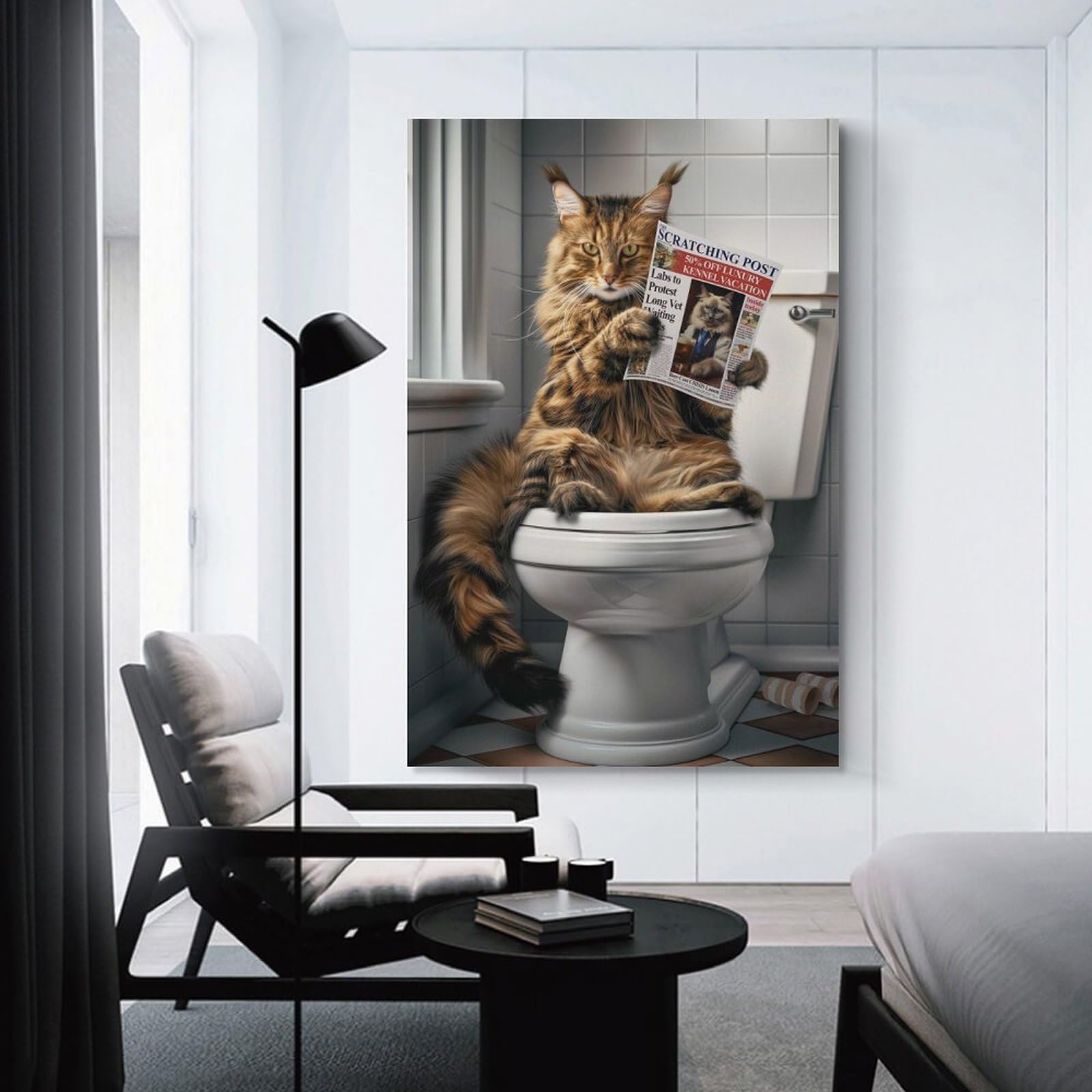 Junmoney Unframe-Style-4 Maine Coon Cat On Toilet Room Decor Wall Art 24X36inch(60X90cm), For Entrance Walls, Hall Decor Or Foyers, A Neat Decor Update For Hallways