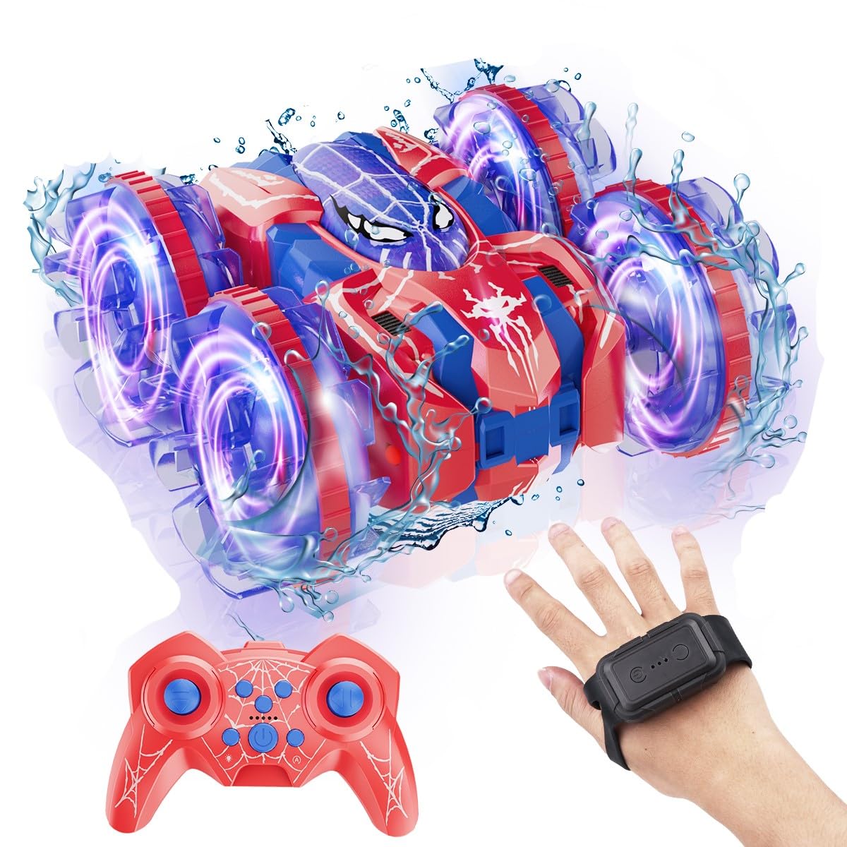 fygurso 4WD Waterproof Remote Control CarAmphibious 2.4 GHz RC Cars Remote Control Boat360Rotation RC Stunt Car with LED LightsBoys Girls Gifts All Terrain Water Beach Pool Toy (LY-016)