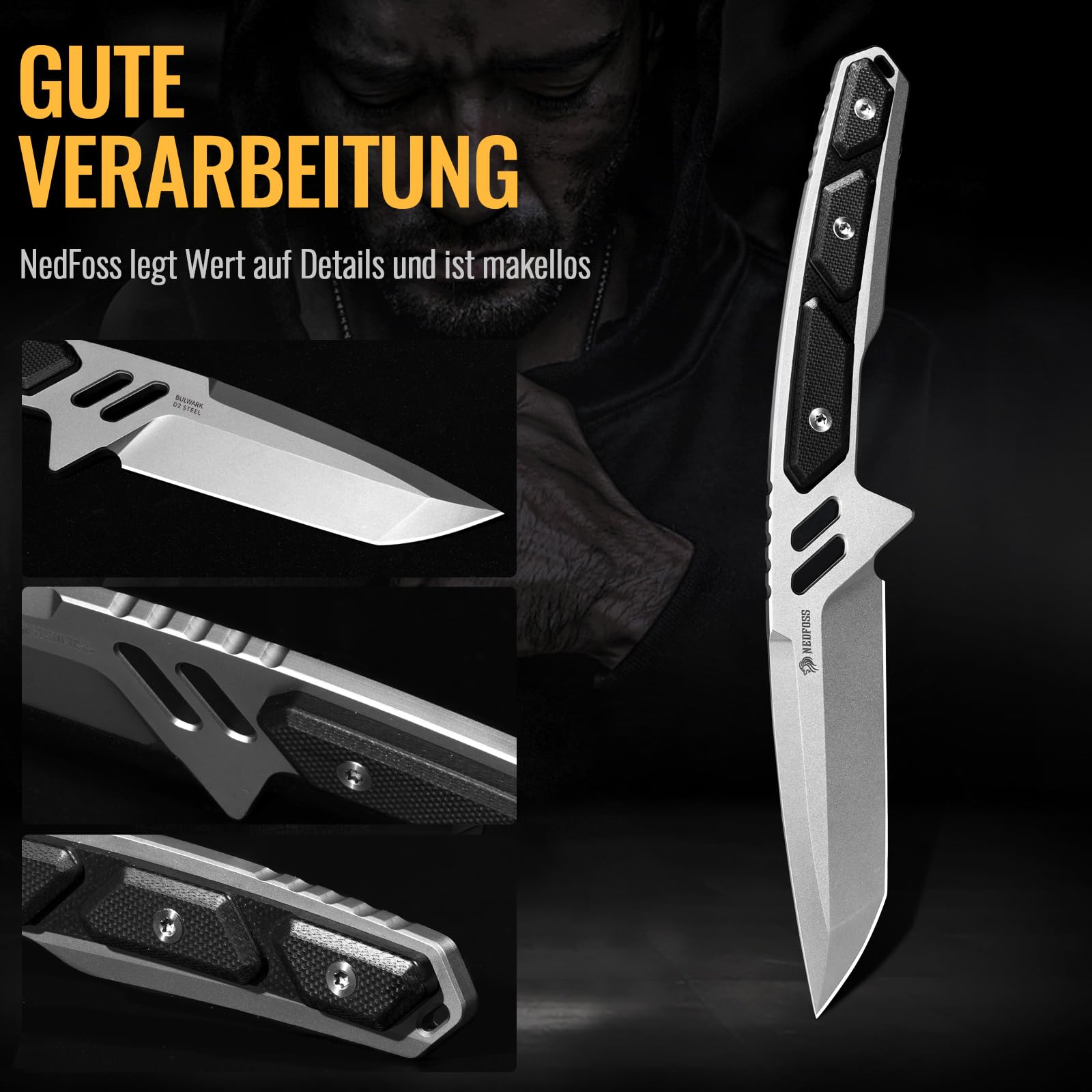 NedFoss BULWARK Jagdmesser 42a Konform, 8.5cm D2 Stahl Full Tang Survival Messer mit Verstellbarer Clip & G10 Griff, Outdoor Messer mit Kydexscheide, Legales EDC Feststehendes Messer