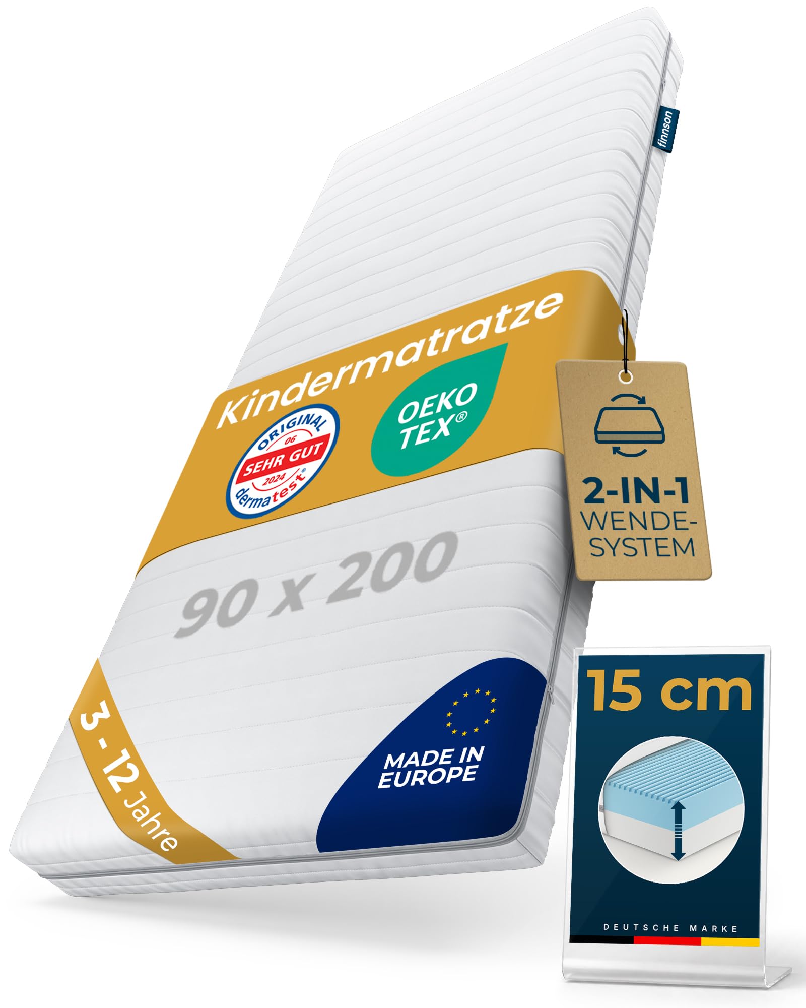 Kindermatratze 90x200 cm für Kinderbett & Jugendbett, 2-1 System - mitwachsend ab 3 Jahre, Oeko-Tex und Dermatest Zertifiziert, 15 cm Komfortschaum RG28, Kinder Matratze 90 x 200, Made in Europe