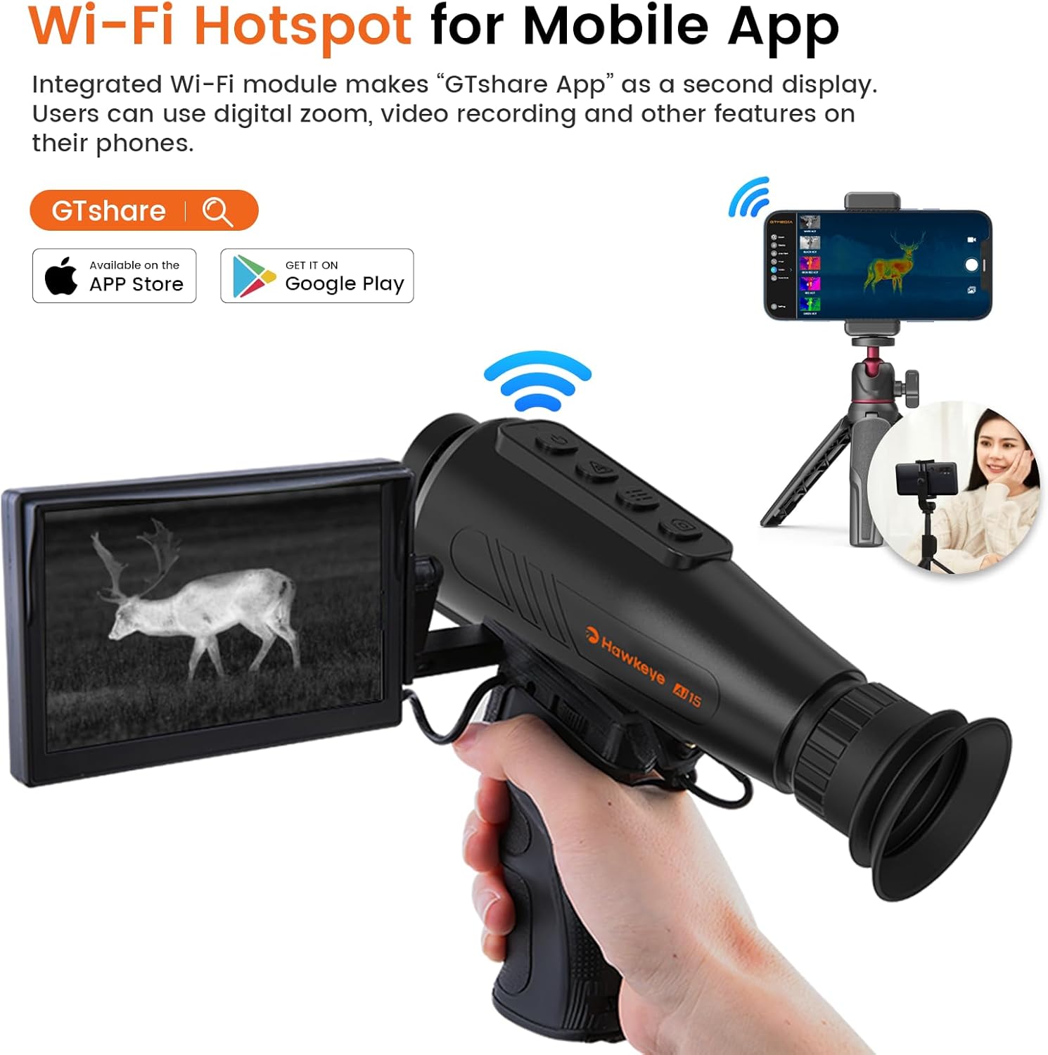 GTGUARD AI15 Thermal Monocular connected to a mobile app via Wi-Fi.